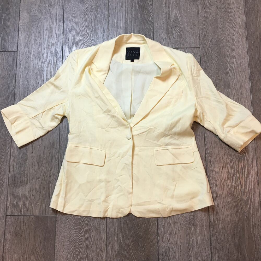 Mina Self Pale Yellow Blazer Women Size Large Linen Blend